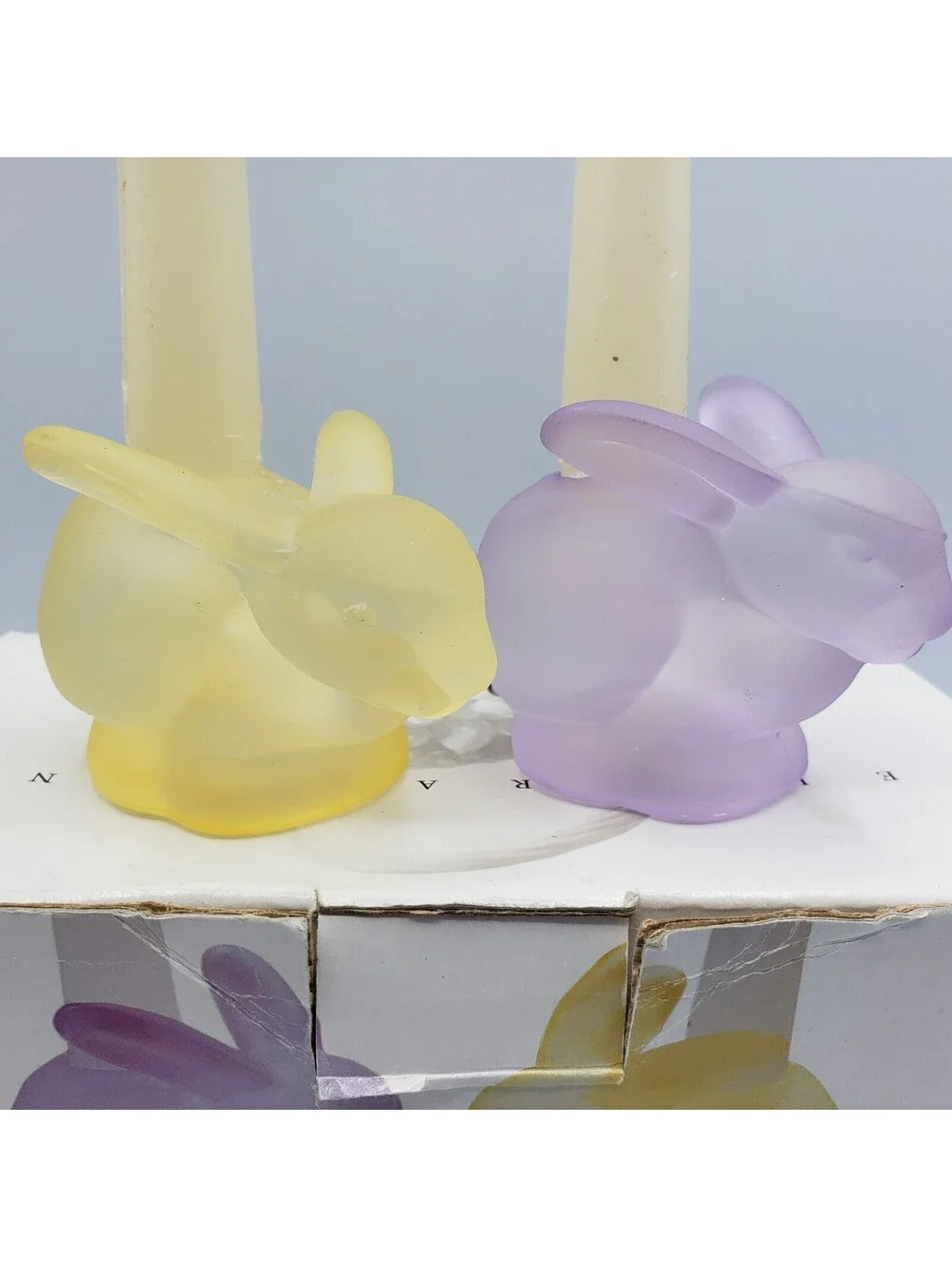 Celebration Taper Candle Holders In Box Frosted Glass Bunny Rabbits Easter